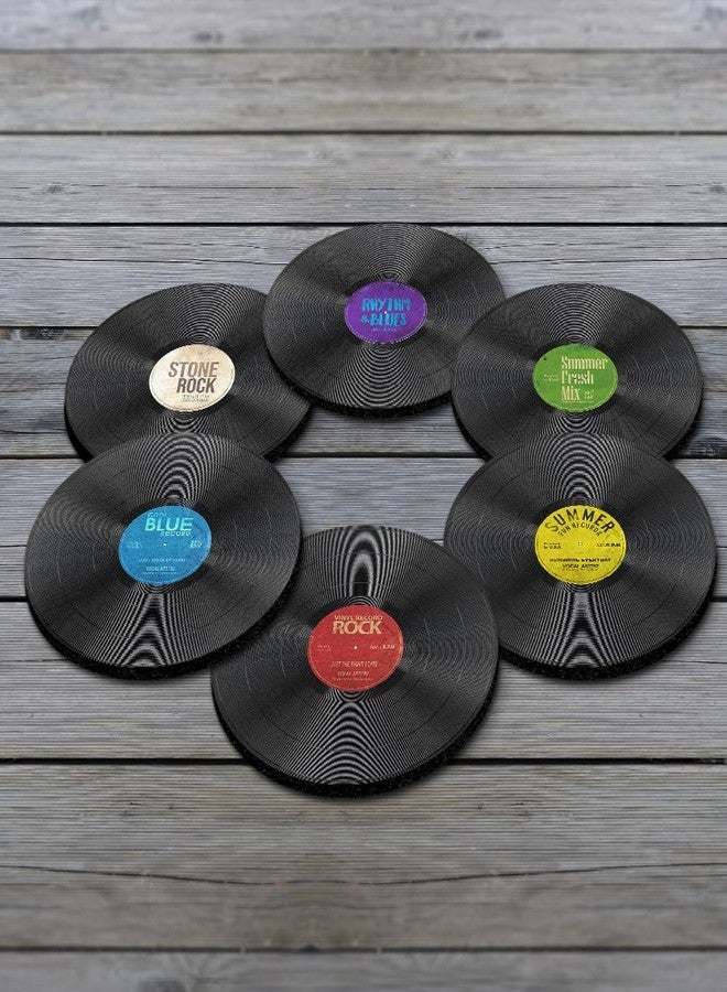 WIRESTER Vintage Vinyl Record (Blue, Red, Yellow, Green, Purple, White Brown) Design Absorbent Round Fabric Felt Neoprene Coasters for Drinks, 6pcs Set - Image 2