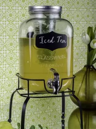 Raincart Imported Glassware Beverage Dispenser 5 LTR Dispenser Transparent with tap and Black Iron Stand - Image 1