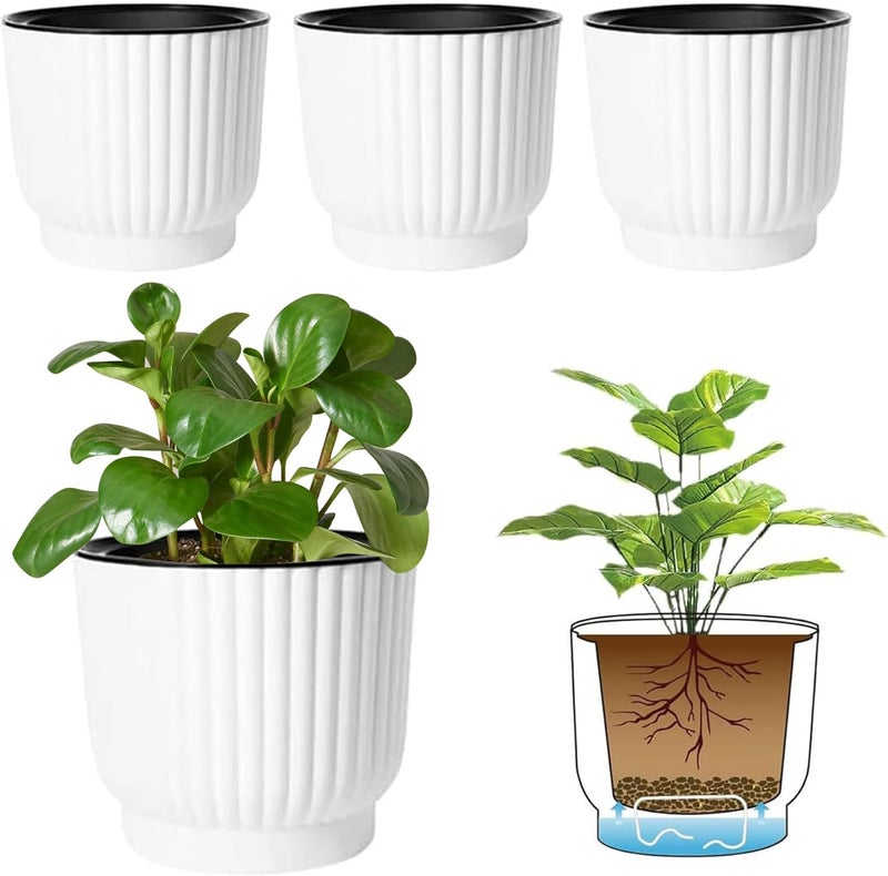 T4U 7 Inch Self Watering Pots for Indoor Plants, 4 Pack Plant Pots, Self Watering Planter for Indoor Plants, Durable Plastic Pots (4 Pack, 7", White) - Image 1