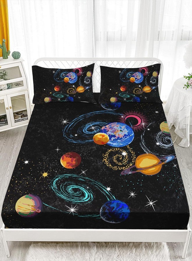 AILONEN Outer Space Twin Size Fitted Sheet 3 Pieces Set, Galaxy Starry Sheet for Kids Boys - Eight Planet Theme Soft Breathable Bed Sheet, 1 Fitted Sheet and 2 Pillowcases - Image 1