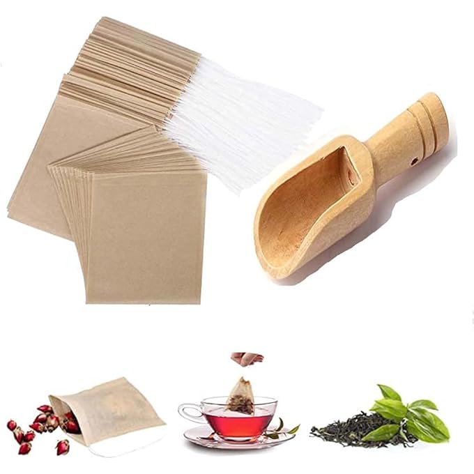 Silk Route 100 Pcs Biodegradable Tea Filter Bag Disposable Tea Filter Bag Wood Pulp Material Fiber Drawstring Sealed Tea Filter Bag Free 1Pcs Small Wooden Spoon - Image 1