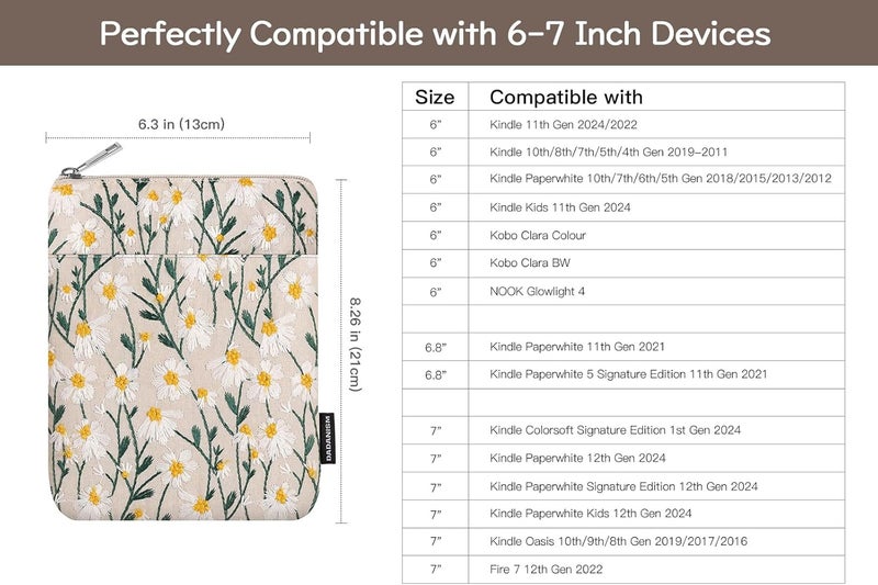 Dadanism Embroidered Daisy Padded Protective Sleeve 6-7 Inch for 6" Kindle 2022/10th Gen 2019/8th Gen 2016, 6.8" Kindle Paperwhite 11th/10th Gen 2021/2018, Kindle Oasis/Kobo/Tolino eReader,White Daisy - Image 2