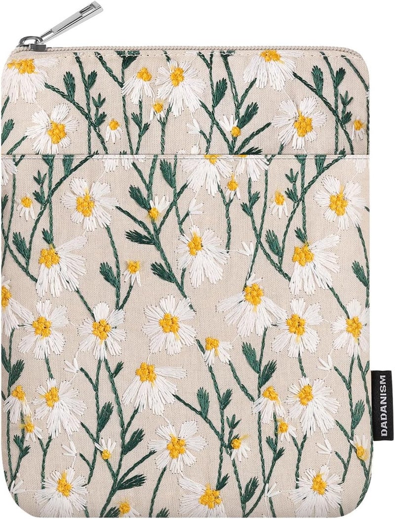Dadanism Embroidered Daisy Padded Protective Sleeve 6-7 Inch for 6" Kindle 2022/10th Gen 2019/8th Gen 2016, 6.8" Kindle Paperwhite 11th/10th Gen 2021/2018, Kindle Oasis/Kobo/Tolino eReader,White Daisy - Image 1