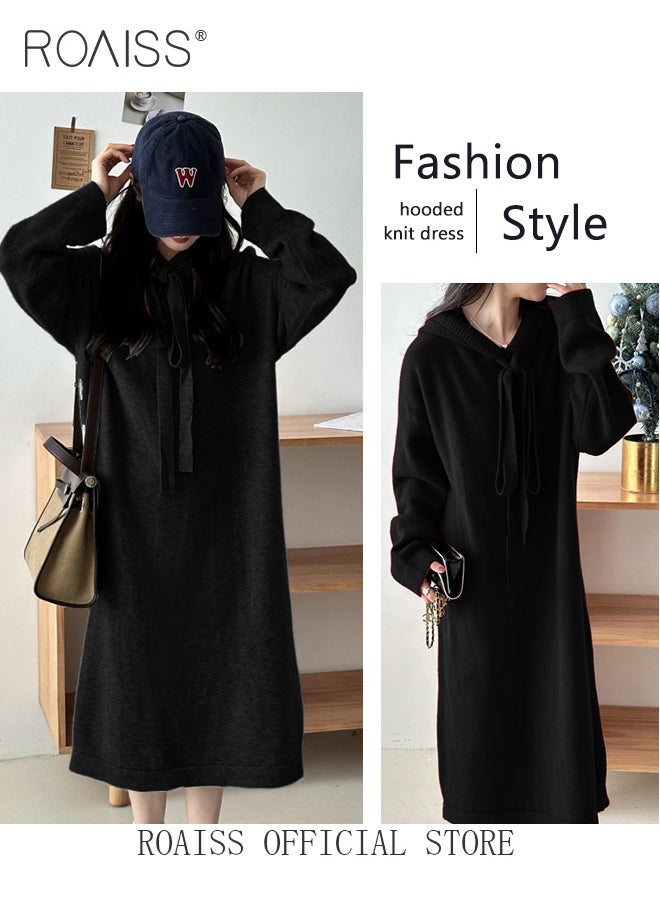 roaiss Women's Oversized Loose Dress Casual Stylish Stripe Pattern Long Sleeve Knitted Sweater Hooded Dress  - Image 5