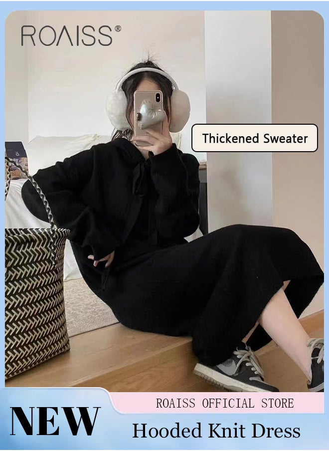 roaiss Women's Oversized Loose Dress Casual Stylish Stripe Pattern Long Sleeve Knitted Sweater Hooded Dress  - Image 3