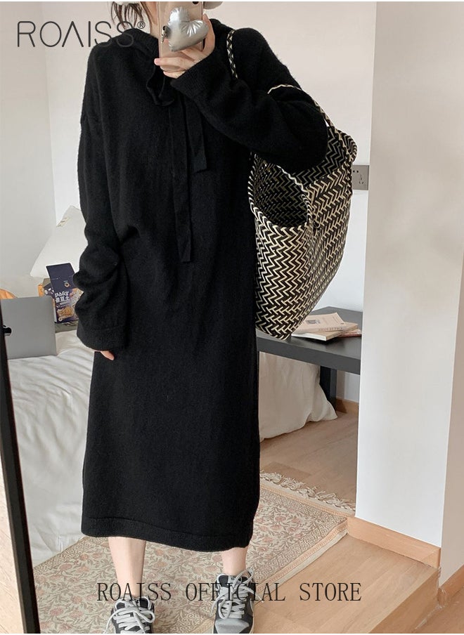roaiss Women's Oversized Loose Dress Casual Stylish Stripe Pattern Long Sleeve Knitted Sweater Hooded Dress  - Image 1