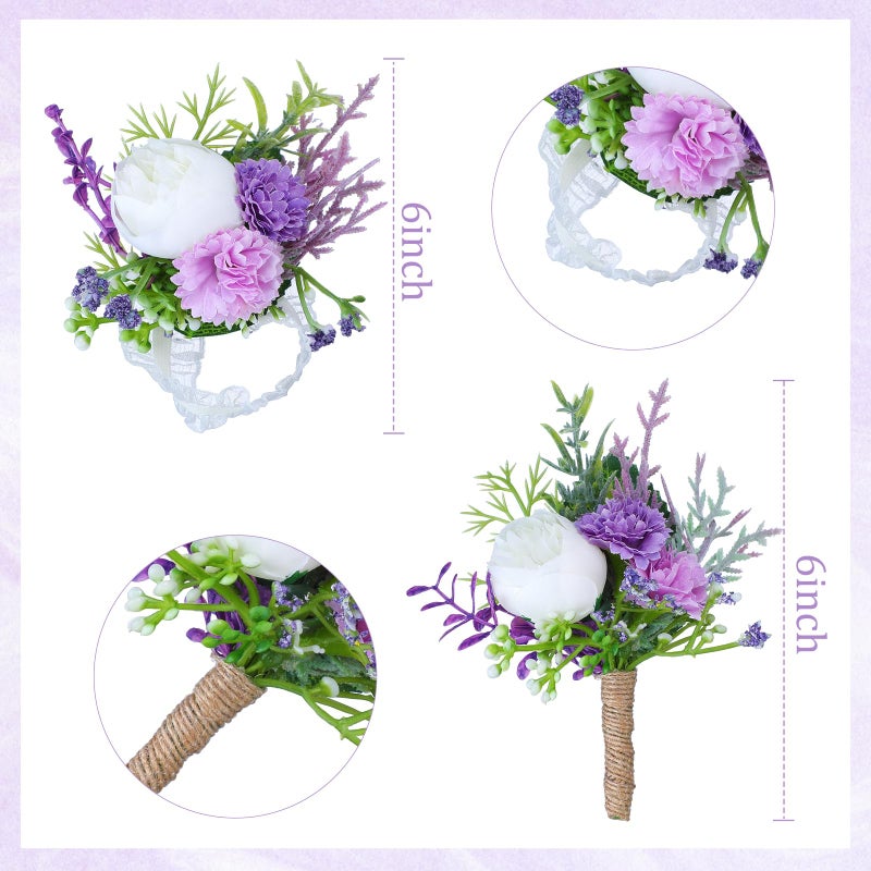 Glitinsel 12 Pcs Wedding Corsage And Boutonniere Set Artificial Rose Wedding Corsage Wristband With Pins For Prom Men Bride Party Accessories Groom Groomsmen Bridesmaids Women (Purple And White) - Image 5