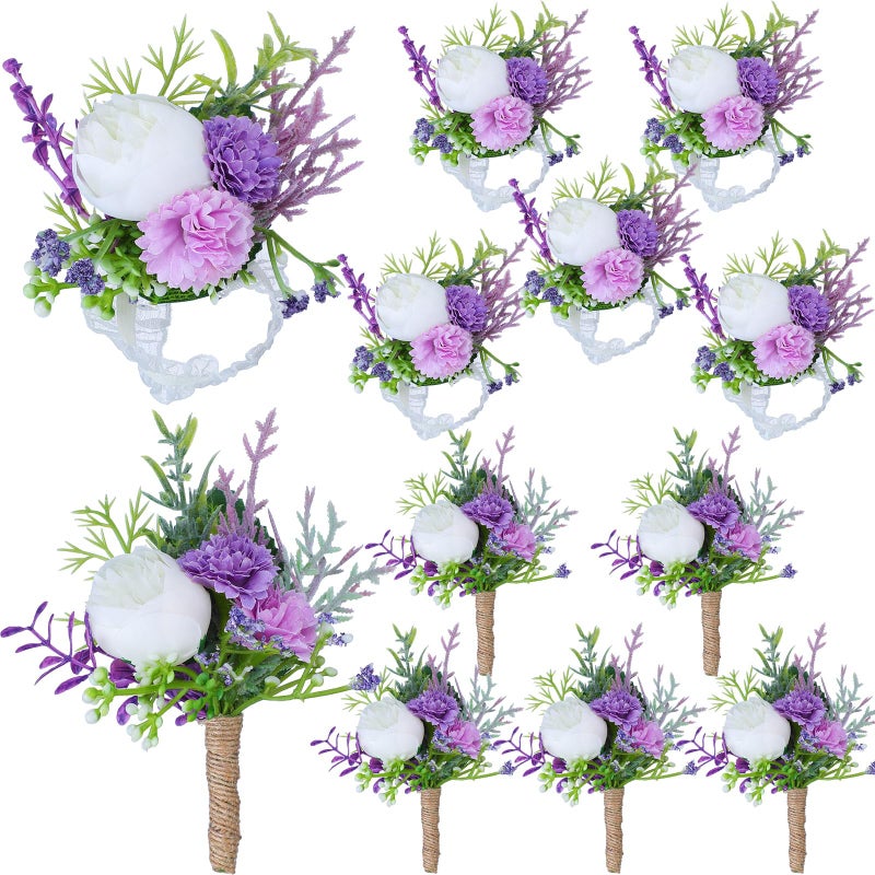 Glitinsel 12 Pcs Wedding Corsage And Boutonniere Set Artificial Rose Wedding Corsage Wristband With Pins For Prom Men Bride Party Accessories Groom Groomsmen Bridesmaids Women (Purple And White) - Image 1