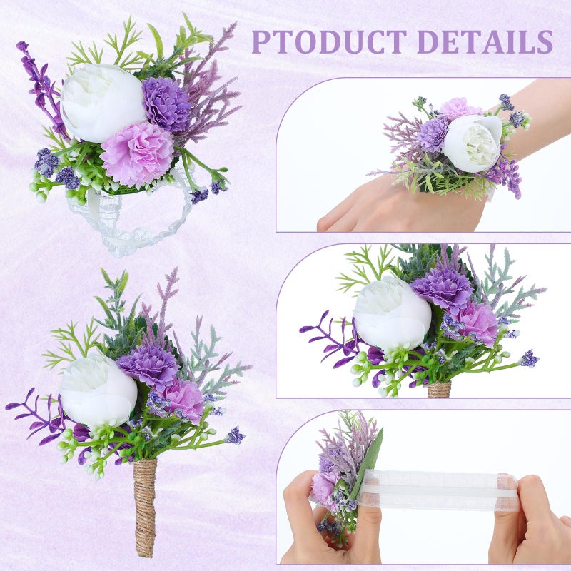 Glitinsel 12 Pcs Wedding Corsage And Boutonniere Set Artificial Rose Wedding Corsage Wristband With Pins For Prom Men Bride Party Accessories Groom Groomsmen Bridesmaids Women (Purple And White) - Image 2