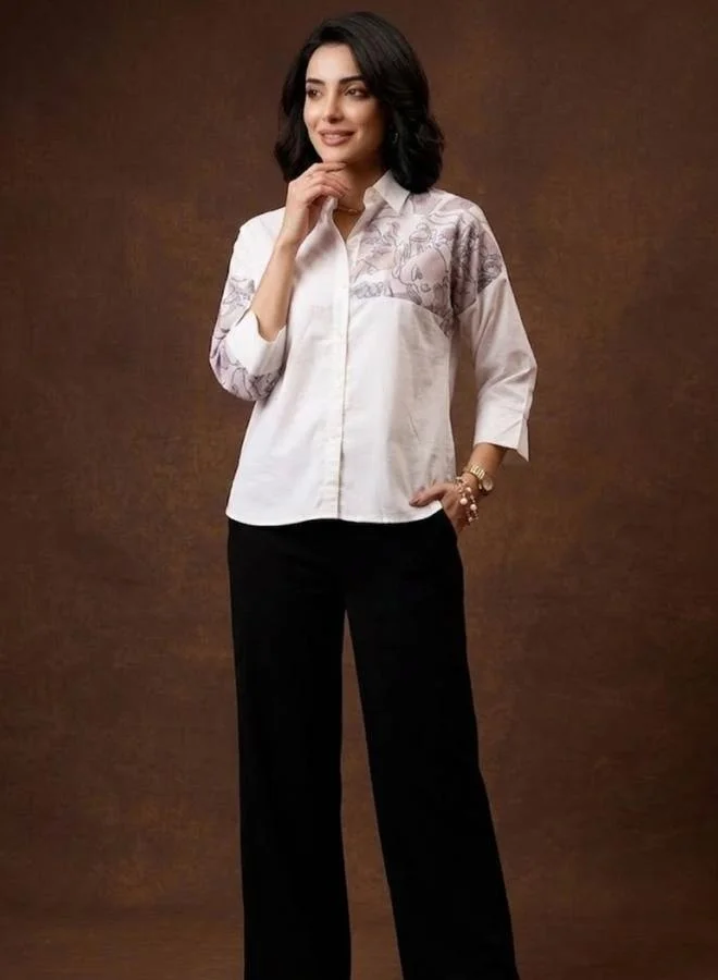 Athena White Printed Shirt with 3/4 Sleeve