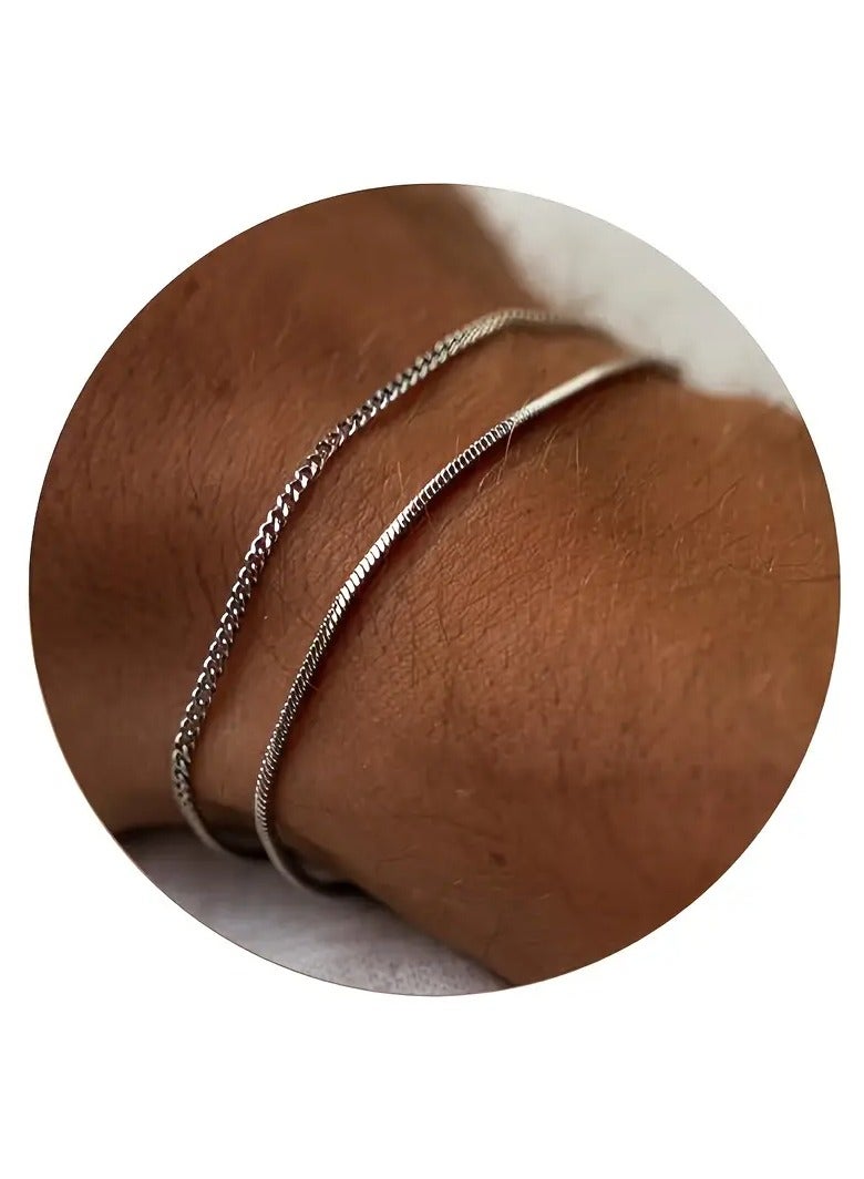 Goolsky 2pcs Silvery Bracelets For Women/Men, Double Layer Figaro Bracelets, 2mm Cuban Snake Bracelets For Women Men - Image 1