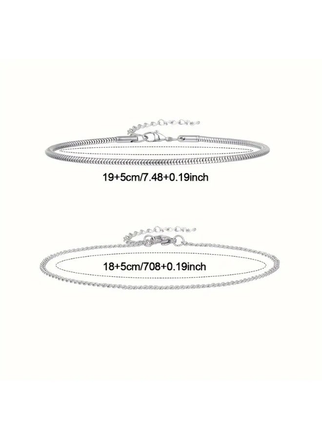 Goolsky 2pcs Silvery Bracelets For Women/Men, Double Layer Figaro Bracelets, 2mm Cuban Snake Bracelets For Women Men - Image 5