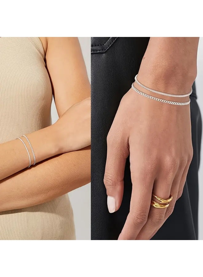 Goolsky 2pcs Silvery Bracelets For Women/Men, Double Layer Figaro Bracelets, 2mm Cuban Snake Bracelets For Women Men - Image 2
