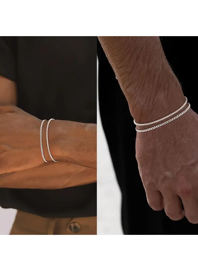 Goolsky 2pcs Silvery Bracelets For Women/Men, Double Layer Figaro Bracelets, 2mm Cuban Snake Bracelets For Women Men - Image 4
