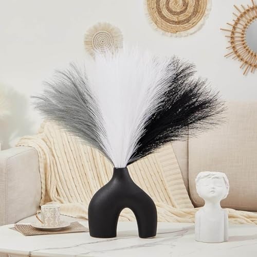 CURATED CART Faux Pampas Grass Set of 3 Small Artificial Flowers for Home, Office, Bedroom, Living Room & Table Décor - 1 Each Grey, White, Black, 41 cm, (Without Vase) - Image 3