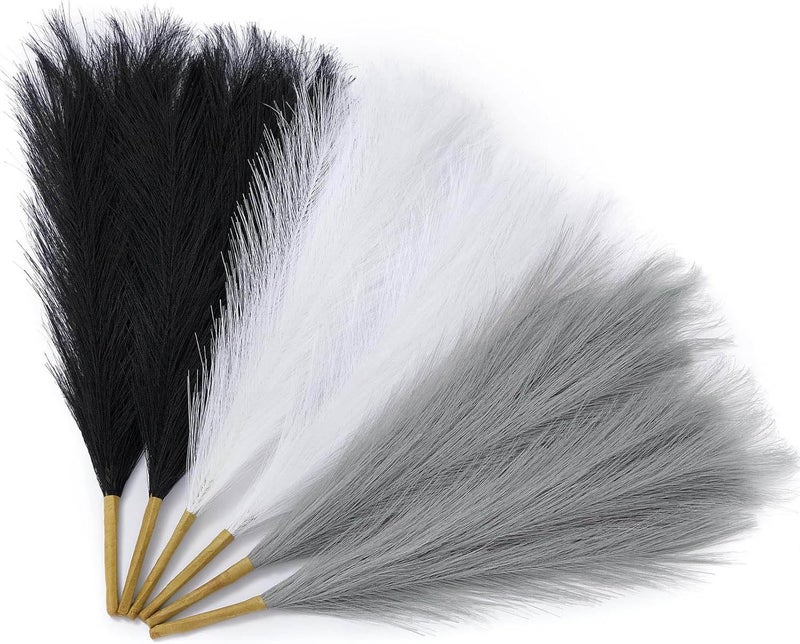 CURATED CART Faux Pampas Grass Set of 3 Small Artificial Flowers for Home, Office, Bedroom, Living Room & Table Décor - 1 Each Grey, White, Black, 41 cm, (Without Vase) - Image 1