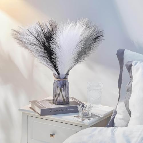CURATED CART Faux Pampas Grass Set of 3 Small Artificial Flowers for Home, Office, Bedroom, Living Room & Table Décor - 1 Each Grey, White, Black, 41 cm, (Without Vase) - Image 4