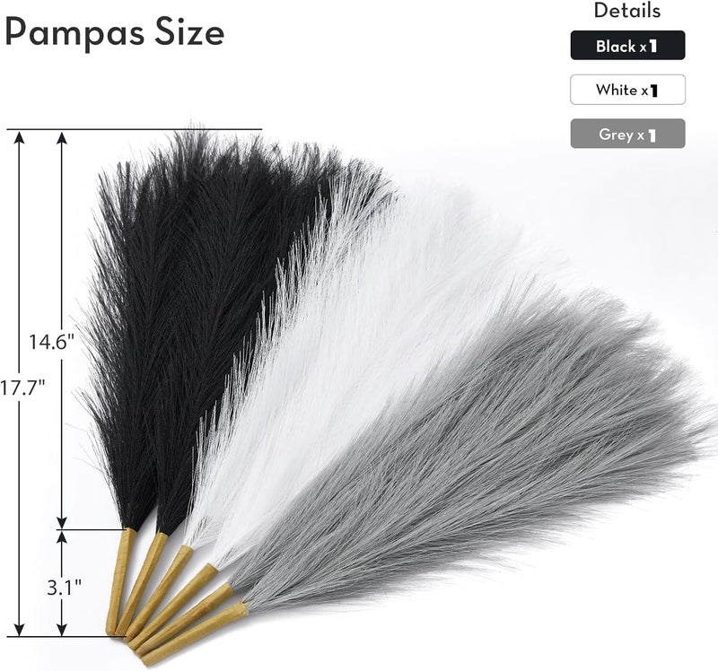 CURATED CART Faux Pampas Grass Set of 3 Small Artificial Flowers for Home, Office, Bedroom, Living Room & Table Décor - 1 Each Grey, White, Black, 41 cm, (Without Vase) - Image 2