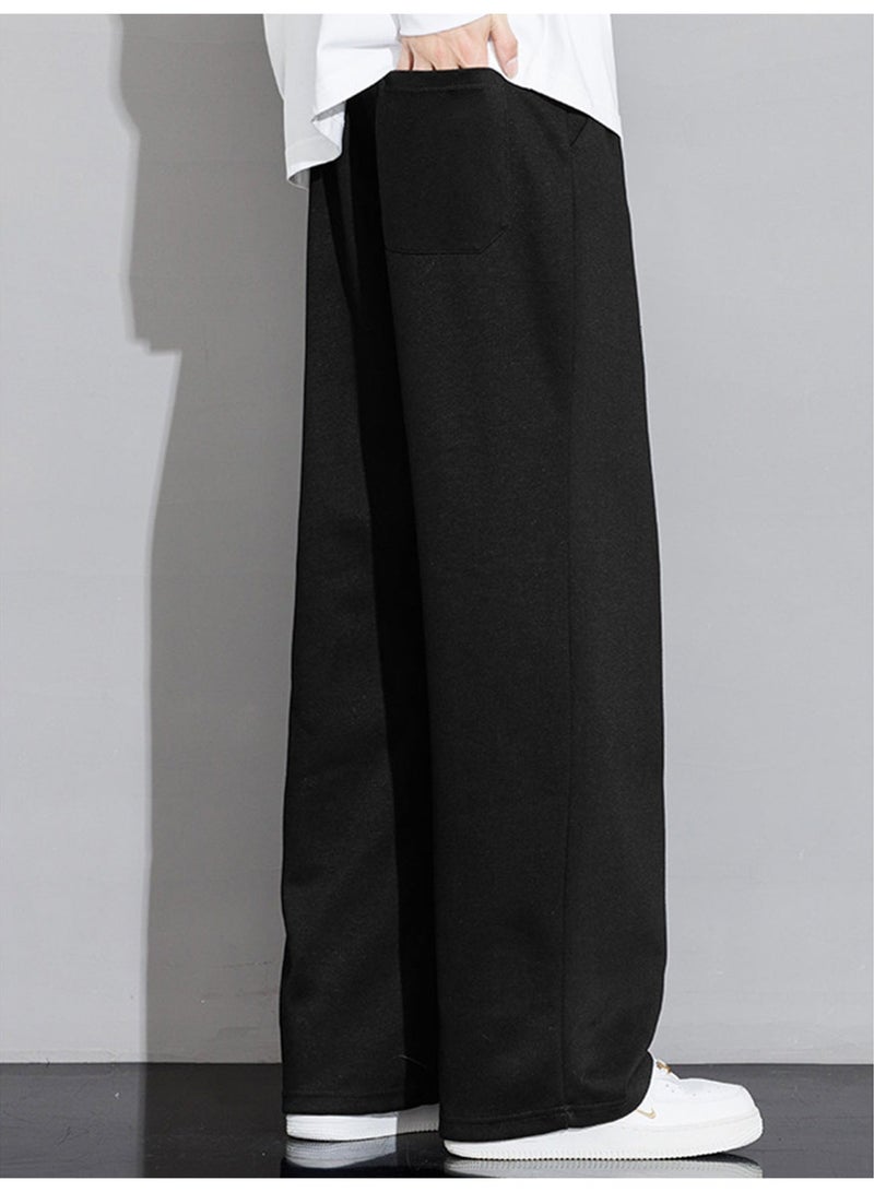 Men's Black Wide Leg Pants Drawstring Waist Loose Fit Straight Casual Trousers - Image 2