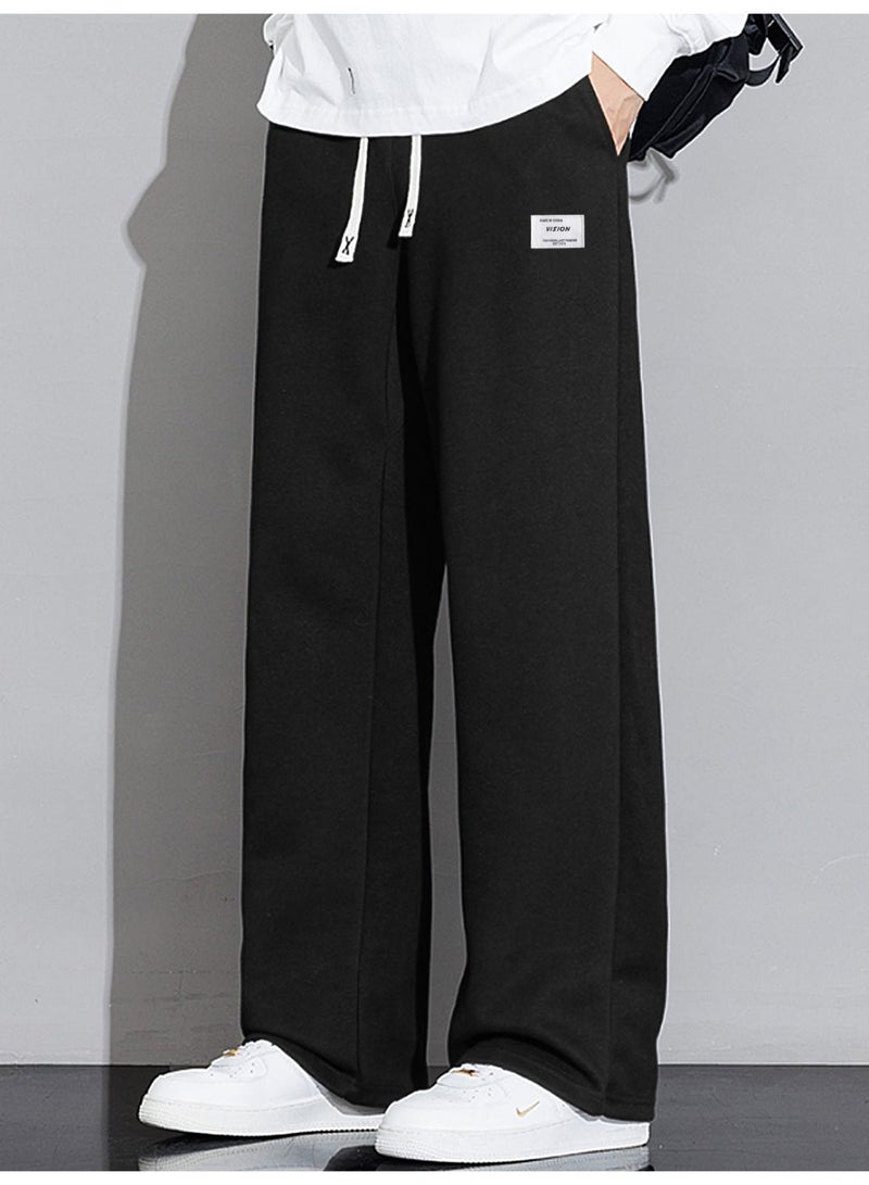 Men's Black Wide Leg Pants Drawstring Waist Loose Fit Straight Casual Trousers - Image 1