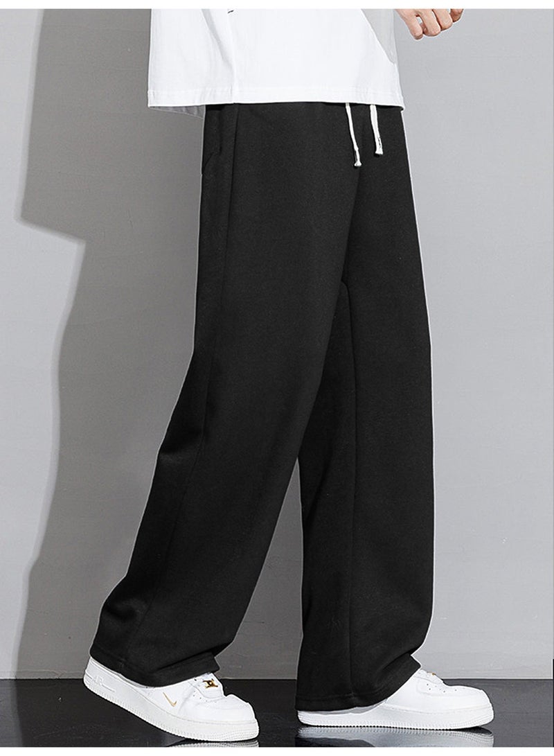 Men's Black Wide Leg Pants Drawstring Waist Loose Fit Straight Casual Trousers - Image 3