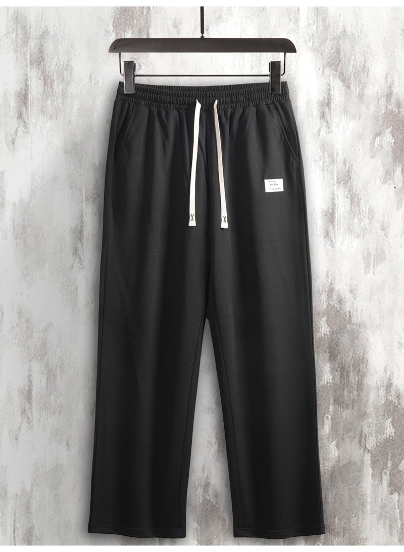 Men's Black Wide Leg Pants Drawstring Waist Loose Fit Straight Casual Trousers - Image 5