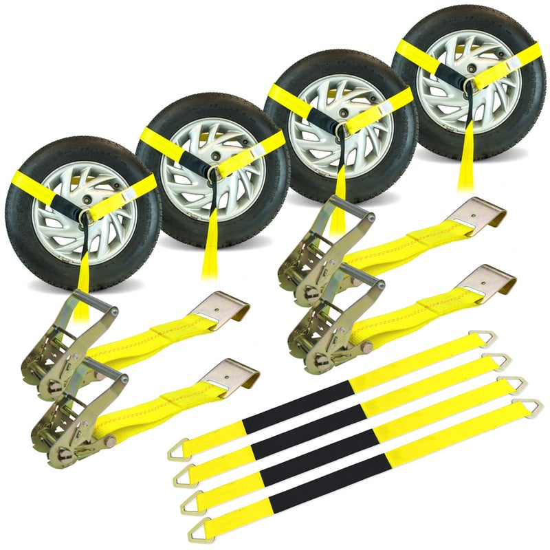 VULCAN Economy Car Tie Down Kit with 4 Lasso Straps 4 Flat Hook Ratchets and 4 Free 36 Inch Axle Straps  3300 Pound Safe Working Load