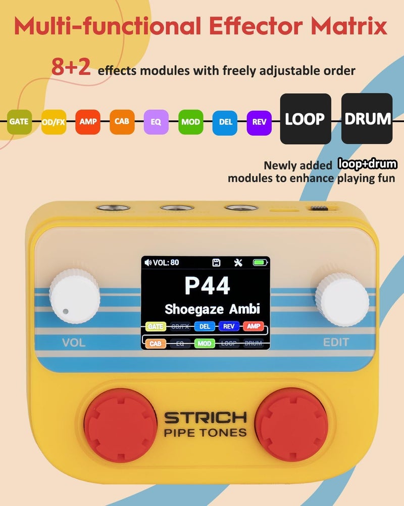 STRICH Pipe Tones Pocket Multi-Effects Processor for Guitar and Bass with 10 Effect Modules 125 Effects 40s Looper 100 Drum Patterns USB Audio Interface Wireless Control (Orange) - Image 2