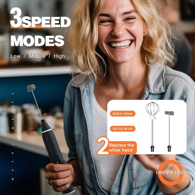 Laposso Milk Frother Rechargeable Handheld Electric Whisk Coffee Frother Mixer with 2 Stainless Whisks 3 Speed Adjustable Foam Maker Blender for Coffee Matcha Latte Cappuccino Hot Chocolate（Black） - Image 2