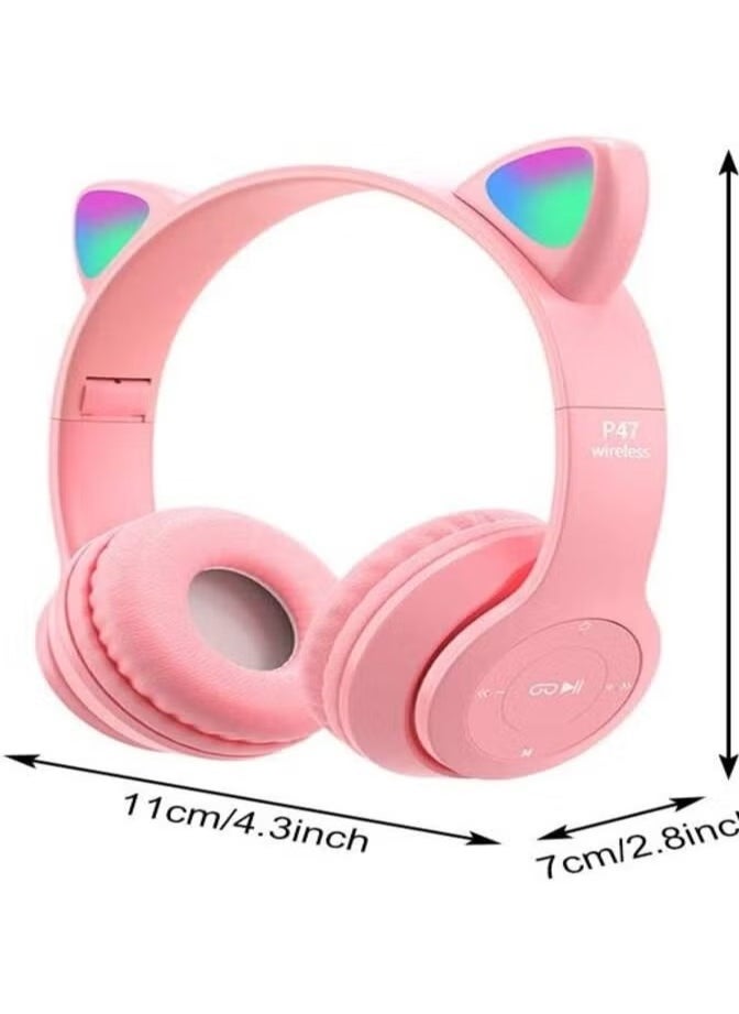 P47 Cat Ear Headphones for Girls Women Kids with Microphone 85dB Safe Sound Foldable for Online Learning Travel Cell Phone Support 3.5mm - Kids Wireless Over Ear Headphone - Pink Color  - Image 2