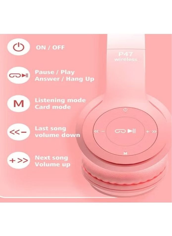 P47 Cat Ear Headphones for Girls Women Kids with Microphone 85dB Safe Sound Foldable for Online Learning Travel Cell Phone Support 3.5mm - Kids Wireless Over Ear Headphone - Pink Color  - Image 3