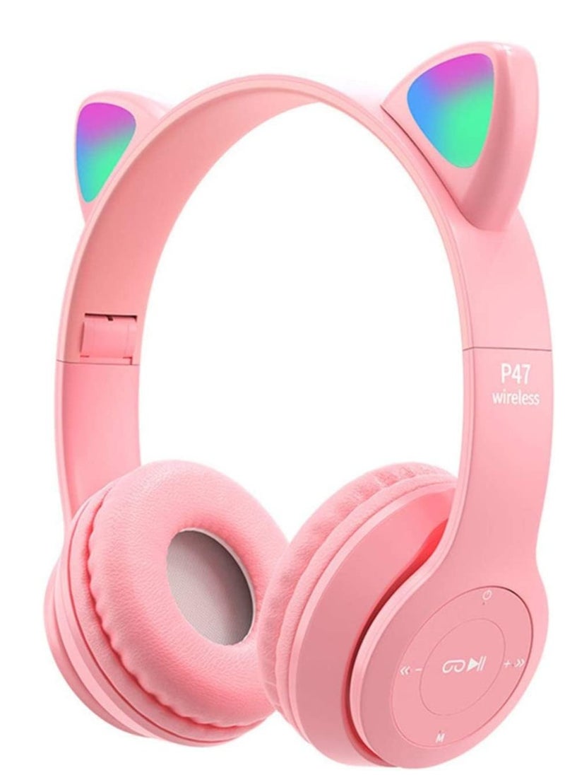 P47 Cat Ear Headphones for Girls Women Kids with Microphone 85dB Safe Sound Foldable for Online Learning Travel Cell Phone Support 3.5mm - Kids Wireless Over Ear Headphone - Pink Color  - Image 1