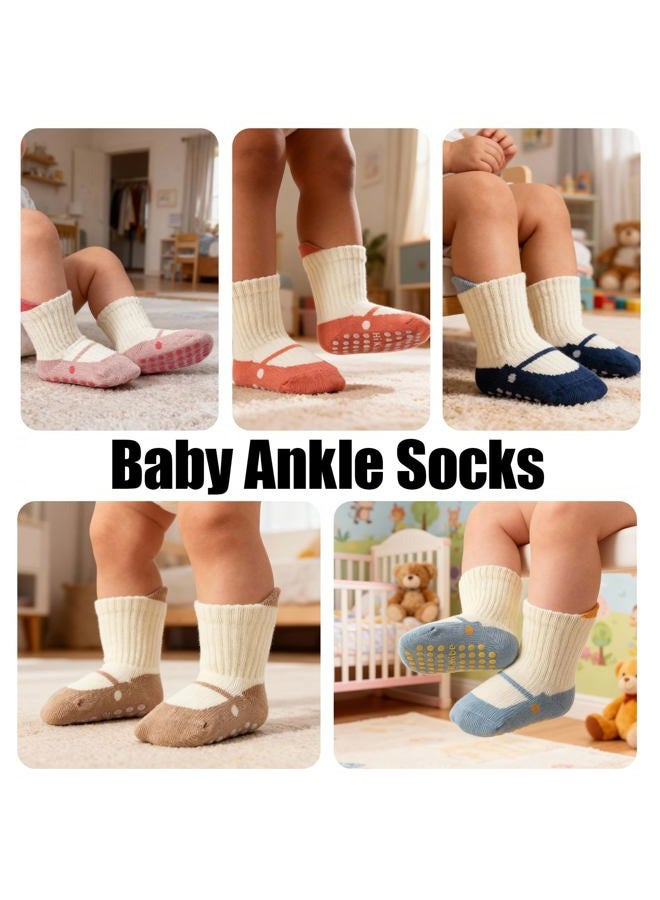 QHANSHIEE Baby Toddler Socks Girls Boys Non Slip Baby Grip Socks Cute Cotton Crew Socks for Newborn Infant Toddler 6 Pairs, Blue & Khaki & Navy Blue & Pink & Yellow & Red, 0-12 months - Image 2