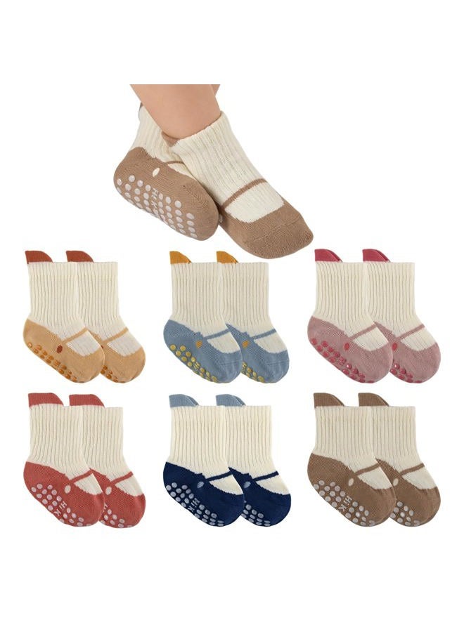 QHANSHIEE Baby Toddler Socks Girls Boys Non Slip Baby Grip Socks Cute Cotton Crew Socks for Newborn Infant Toddler 6 Pairs, Blue & Khaki & Navy Blue & Pink & Yellow & Red, 0-12 months - Image 1