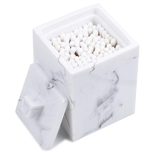 Jung Ford Qtip Holder for Bathroom with Lid – Square Cotton Swab Organizer, Cotton Ball Dispenser, Makeup Pad Container – Marble Look Resin Vanity Storage (White) - Image 1