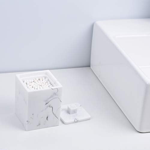 Jung Ford Qtip Holder for Bathroom with Lid – Square Cotton Swab Organizer, Cotton Ball Dispenser, Makeup Pad Container – Marble Look Resin Vanity Storage (White) - Image 2