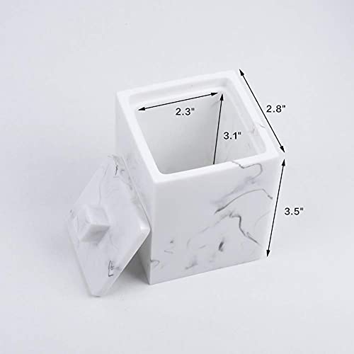 Jung Ford Qtip Holder for Bathroom with Lid – Square Cotton Swab Organizer, Cotton Ball Dispenser, Makeup Pad Container – Marble Look Resin Vanity Storage (White) - Image 3