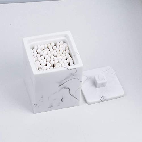 Jung Ford Qtip Holder for Bathroom with Lid – Square Cotton Swab Organizer, Cotton Ball Dispenser, Makeup Pad Container – Marble Look Resin Vanity Storage (White) - Image 5