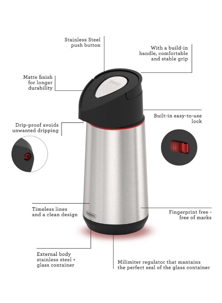 TRAMONTINA Since 1911, Made In Brazil, Exata 1.2L Stainless Steel Thermal Bottle stainless steel, beverage dispenser, glass container, portable design, drip-free system, quality, Ramadan  - Image 2