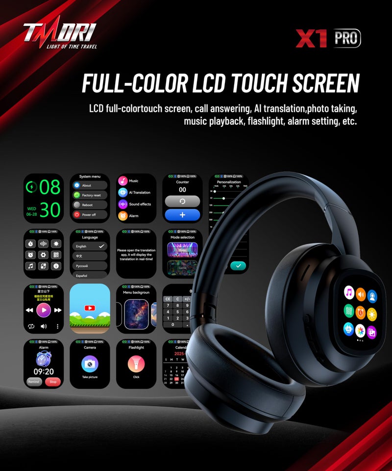 TMORI AI Smart Headphones with Detachable Screen - 115-Language Real-Time Translation, Hybrid ANC, Bluetooth 6.0, Built-in Flashlight & Photo Control for Travel, Business & Daily Use - Image 2