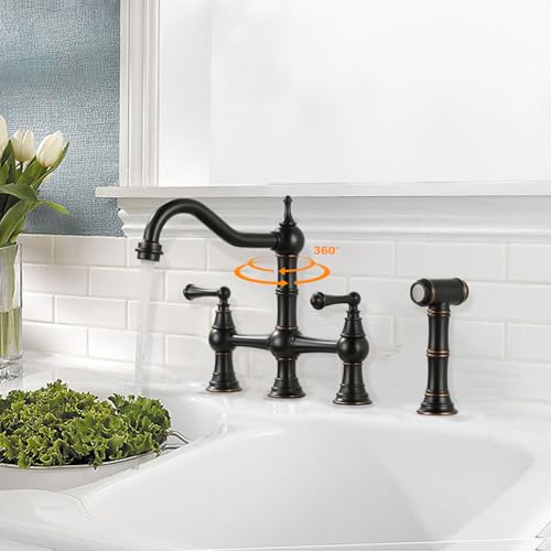 WOWOW Brass Kitchen Faucet with Side Sprayer, 8 Inch Centerset Bridge Faucet for Kitchen Sinks, 4 Hole Kitchen Faucet Bronze Vintage Farmhouse Kitchen Sink Faucet - Image 3