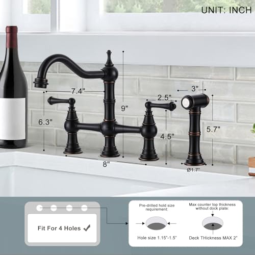 WOWOW Brass Kitchen Faucet with Side Sprayer, 8 Inch Centerset Bridge Faucet for Kitchen Sinks, 4 Hole Kitchen Faucet Bronze Vintage Farmhouse Kitchen Sink Faucet - Image 4