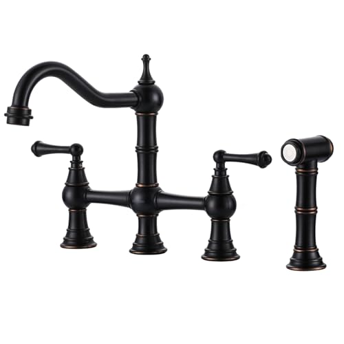 WOWOW Brass Kitchen Faucet with Side Sprayer, 8 Inch Centerset Bridge Faucet for Kitchen Sinks, 4 Hole Kitchen Faucet Bronze Vintage Farmhouse Kitchen Sink Faucet - Image 1