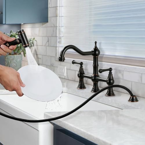 WOWOW Brass Kitchen Faucet with Side Sprayer, 8 Inch Centerset Bridge Faucet for Kitchen Sinks, 4 Hole Kitchen Faucet Bronze Vintage Farmhouse Kitchen Sink Faucet - Image 2