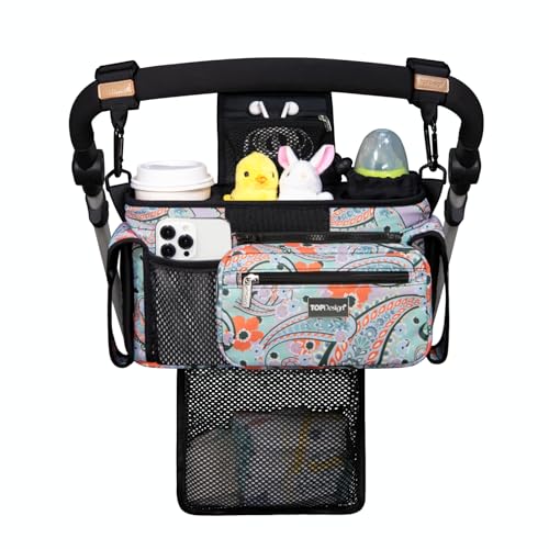 TOPDesign Universal Baby Stroller Organizer Stroller Caddy with Detachable Mesh Bag Heightened Insulated Cup Holders NonSlip Secure Hooks Accessories Fits Most Strollers Green Bandanna - Image 1