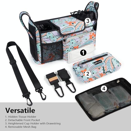 TOPDesign Universal Baby Stroller Organizer Stroller Caddy with Detachable Mesh Bag Heightened Insulated Cup Holders NonSlip Secure Hooks Accessories Fits Most Strollers Green Bandanna - Image 3