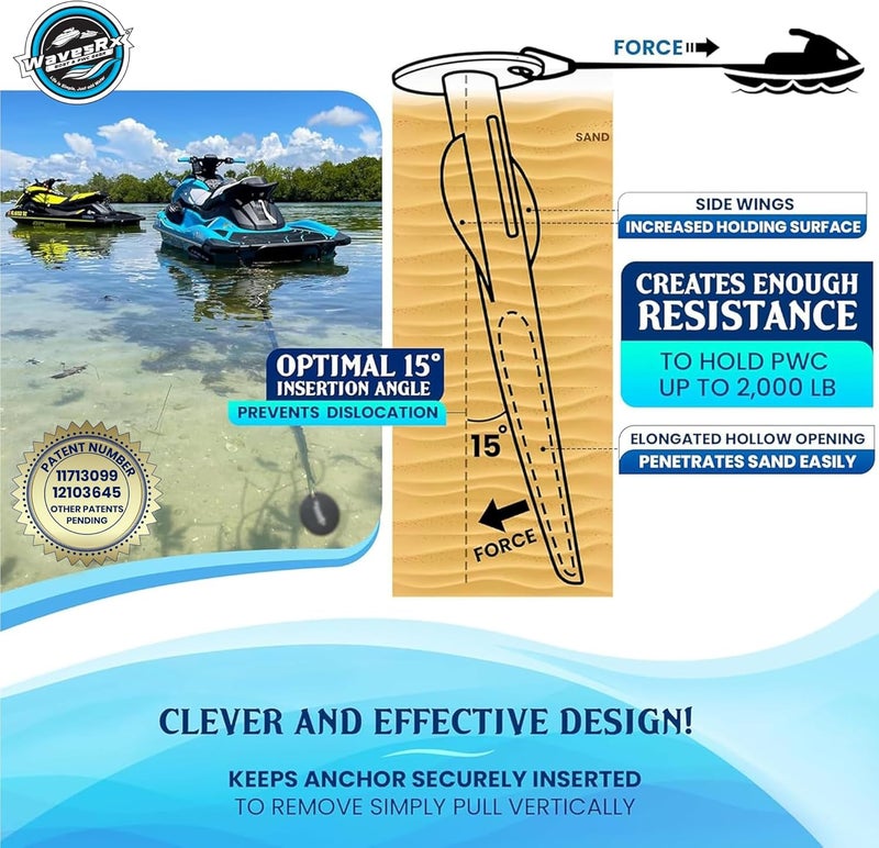 WAVESRX Patented Aluminum Spike Beach Anchor | Ultra-Light Sand Anchor for Boat, Pontoon, PWC, Jet Ski or Kayak | Secure and Effective Watercraft Anchoring Near Shore, Sand-bar or in Shallow Water - Image 4