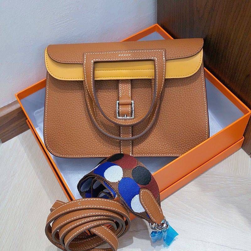Top Layer Tc Cowhide Color-Blocked Hazan Bag 25 Horsebit Bag With Double Shoulder Straps, Versatile Genuine Leather Handbag, Shoulder Bag, Crossbody Bag For Women - Image 1