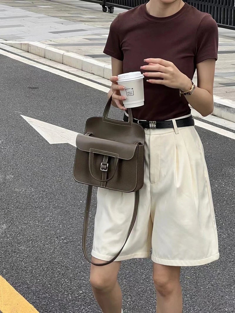 Top Layer Tc Cowhide Color-Blocked Hazan Bag 25 Horsebit Bag With Double Shoulder Straps, Versatile Genuine Leather Handbag, Shoulder Bag, Crossbody Bag For Women - Image 2