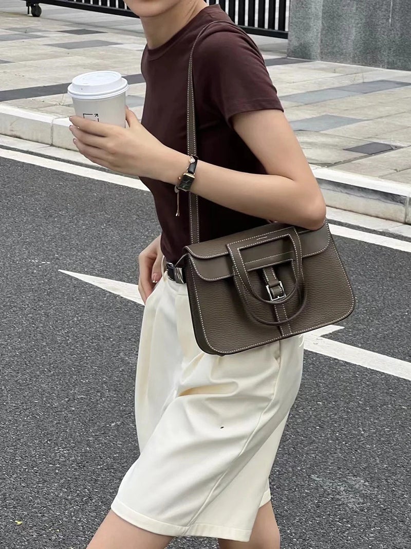 Top Layer Tc Cowhide Color-Blocked Hazan Bag 25 Horsebit Bag With Double Shoulder Straps, Versatile Genuine Leather Handbag, Shoulder Bag, Crossbody Bag For Women - Image 3